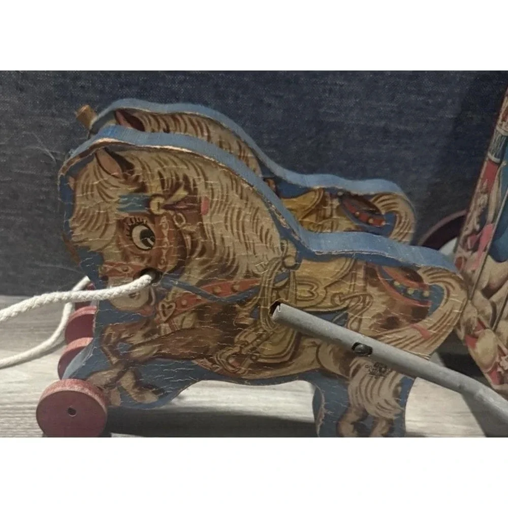 Vintage  900 Circus Wagon Wooden Pull Toy Horses Lion Lithograph